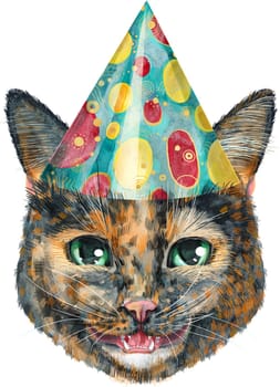 Cute cat in party hat. Cat for t-shirt graphics. Watercolor Short-haired tortoiseshell cat illustration