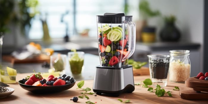 unrecognizable man hands making smoothie using kitchen blender. ai generated