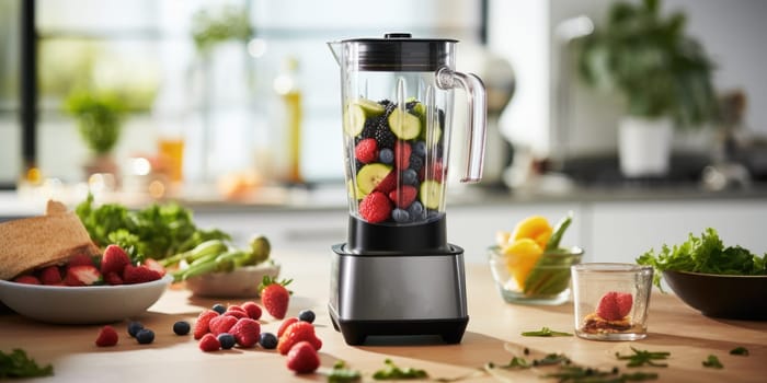 unrecognizable man hands making smoothie using kitchen blender. ai generated