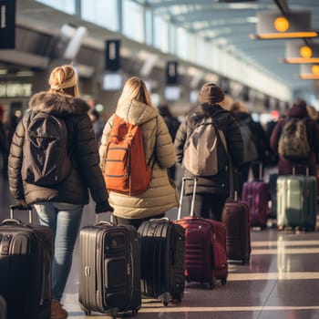 Tourists standing with luggage in queue in the airport terminal. Passengers during check-in, summer travel. ai generated