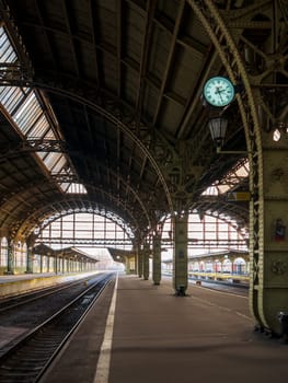 ST.PETERSBURG, RUSSIA - 11, 24, 2019, Vitebsk railway station in an early sunny morning, platform with a clock.
