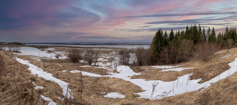 Winter in Russian village, snow, hoarfrost, and nonfreezing small small river