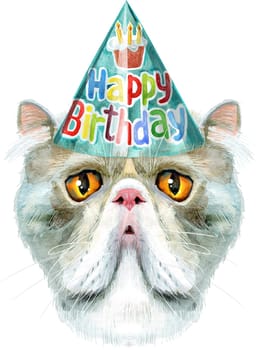 Cute cat in party hat. Cat for t-shirt graphics. Watercolor Exotic Shorthair cat breed illustration