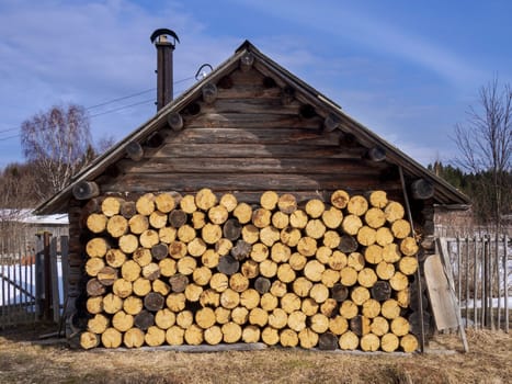 pile stacked natural sawn wooden logs background, top view