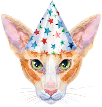 Cute oriental cat in party hat. Cat for t-shirt graphics. Watercolor Somali cat breed illustration
