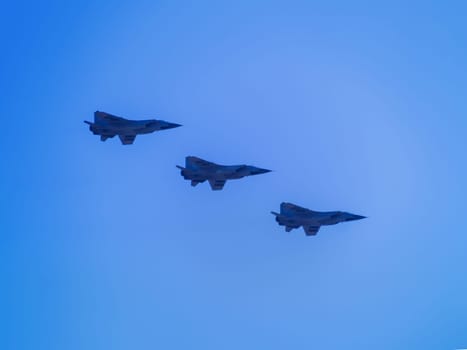 Russia, St. Petersburg - June 24, 2020: Russian Mig-31 fighter demonstrates a demonstration flight at the parade dedicated to the Victory Day in World War II