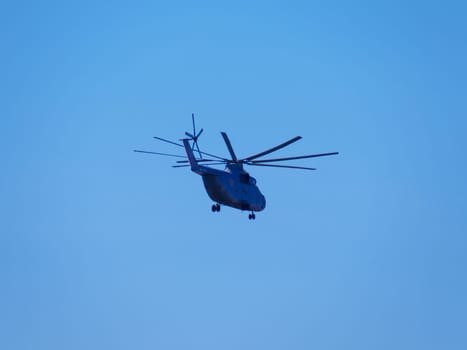 Russia, St. Petersburg - June 24, 2020: Russian transport helicopter Mil Mi-26 RF-06805 of the Russian Air Force in flight at Parade of Victory in World War II.