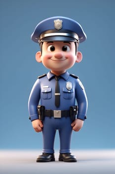 A cartoon police officer confidently stands in front of a vibrant blue background.