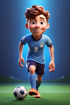 A dynamic cartoon boy kicking a soccer ball with enthusiasm on a green field.