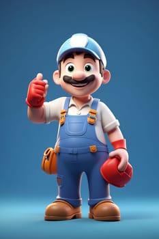 A cartoon character looking cheerful and ready for adventure, sporting blue overalls and a yellow helmet.