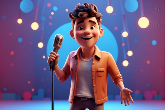 A vibrant cartoon character confidently holds a microphone while standing in front of a dynamic stage.