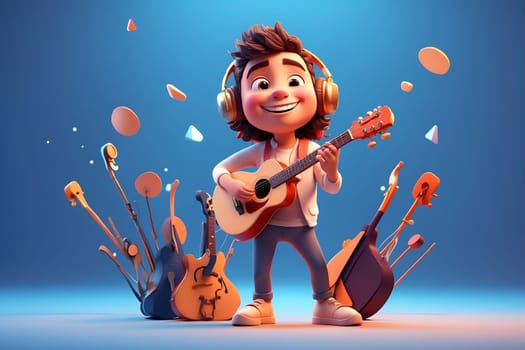 A cheerful cartoon character in headphones and with a guitar brings musical joy and entertainment.