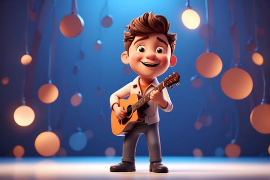 A lively cartoon character energetically strums a guitar on a colorful stage, entertaining the audience.