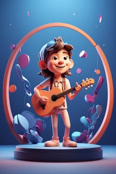 An animated character stands with a guitar against a solid blue backdrop.
