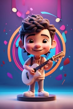 A lively cartoon character strums a guitar in front of a vibrant blue backdrop.
