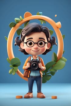 An adorable cartoon character confidently holds a camera in front of a vibrant blue background.