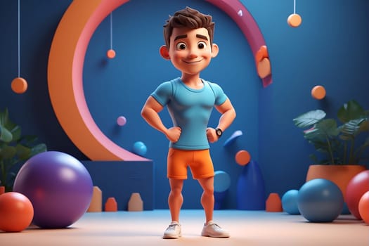 A cartoon character stands against a vibrant blue backdrop.