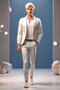 A confident man in a crisp white suit confidently struts down a sleek fashion runway.