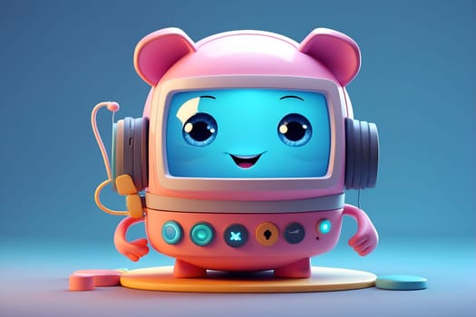 A photo of a small robot wearing headphones and holding a microphone.