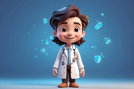 A cartoon character wearing a stethoscope standing against a vibrant blue backdrop.