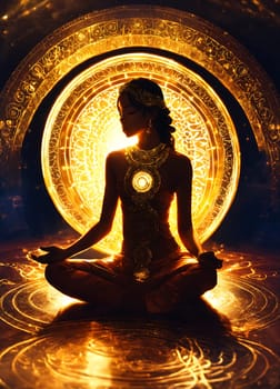 A woman peacefully sits in a lotus position, surrounded by the gentle glow of a circular light.