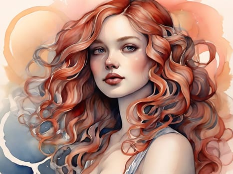 An elegant painting of a woman with fiery red hair, captivating and alluring.