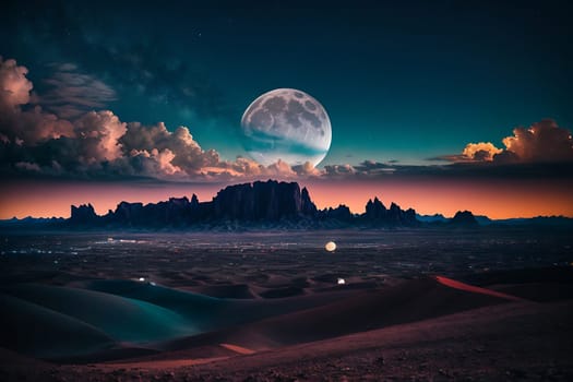 A captivating desert scene featuring a clear night sky with a luminous full moon illuminating the arid terrain.