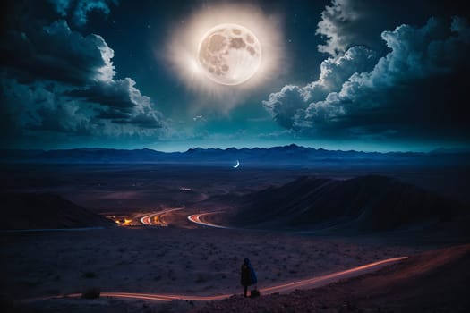 A solitary individual stands in the vastness of the desert, bathed in the glow of a bright full moon.