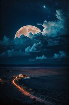 A captivating full moon casts its ethereal glow over a winding road, creating a tranquil and captivating nocturnal scene.