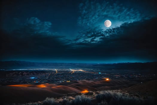 An enchanting view of a city illuminated by the moon, creating a serene and captivating scene.