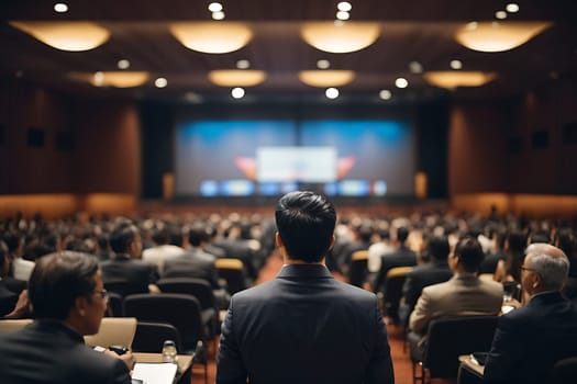 A man stands confidently before a large group of people, engaging them in an impactful speech at a major conference gathering.