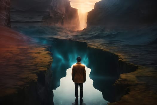A lone man stands in the center of a dark cave, surrounded by ancient rock formations.