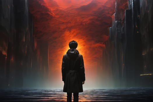 A man stands in front of a stunning red sky.