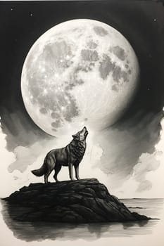 A stunning drawing capturing the grandeur of a wolf standing proudly on a rock with the serene moon in the background.