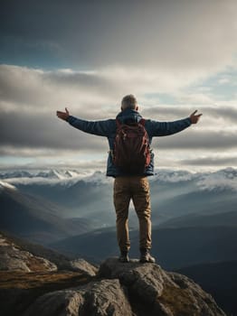 A man stands on top of a mountain, extending his arms wide open to embrace the world with joy.