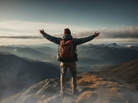 A man stands triumphantly on the peak of a mountain, spreading his arms wide.