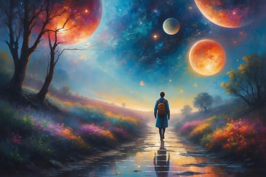 An intriguing painting capturing a mans journey as he walks down a path towards a series of mesmerizing planets.