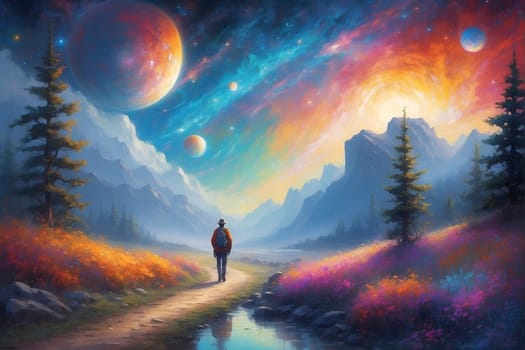 A captivating painting that depicts a person gracefully strolling along a peaceful path surrounded by nature.