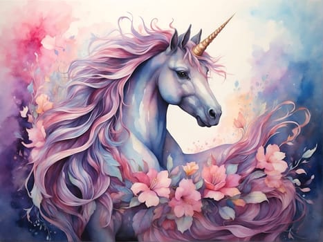 This vibrant painting showcases a majestic unicorn adorned with beautiful flowers, creating a whimsical and enchanting atmosphere.