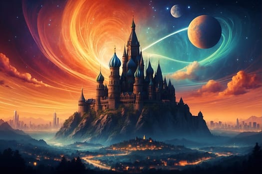 A captivating painting portraying an enchanting castle suspended in the sky.