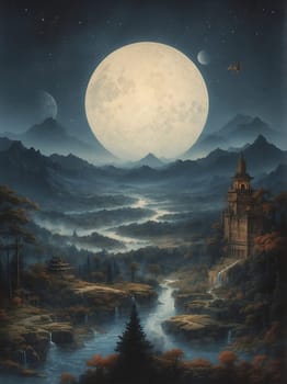 A captivating painting showcasing a castle set against a nocturnal backdrop.