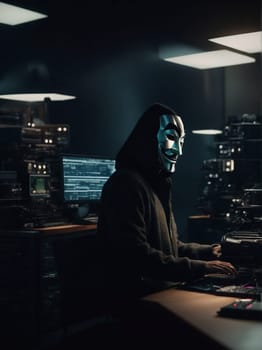 A man wearing a mask sits at a desk in front of a computer.