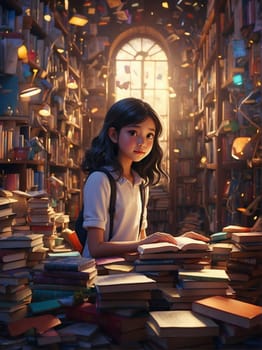 A young girl engrossed in her studies, sitting at a table filled with numerous books.