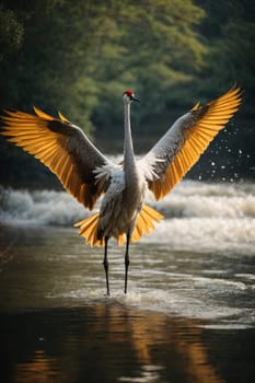 A stunning, large bird stands in the water with its wings fully spread.