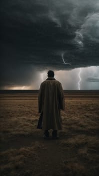 A lone man defiantly stands in the middle of a vast open field as a powerful storm rages around him.