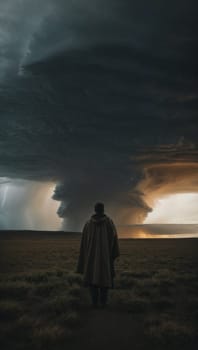 A lone man stands empowered and defiant under a raging storm in a vast field.