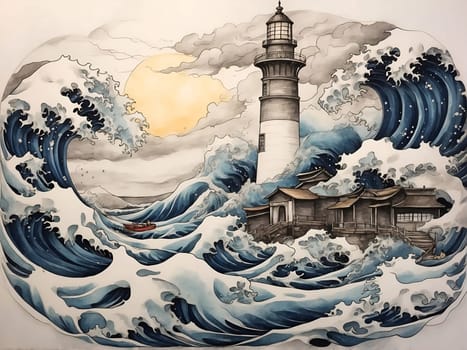 A stunning painted portrayal of a lighthouse standing tall amidst a powerful wave, capturing the intensity of the sea.