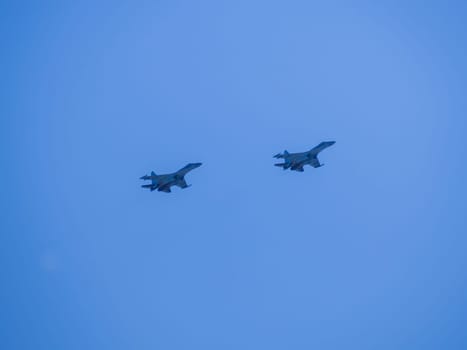 Russia, St. Petersburg - June 24, 2020: Russian military SU-35 plane of the Russian Air Force in flight at the Victory Parade in World War II.