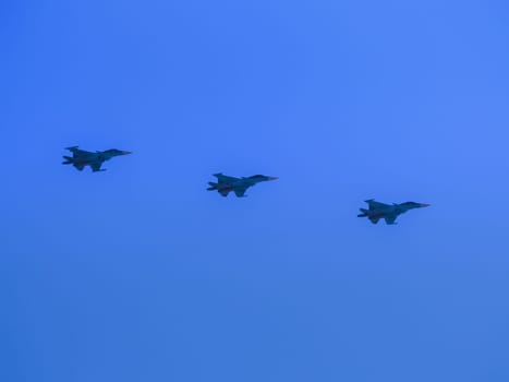 Russia, St. Petersburg - June 24, 2020: Russian Su-34 fighter demonstrates a demonstration flight at the parade dedicated to the Victory Day in World War II