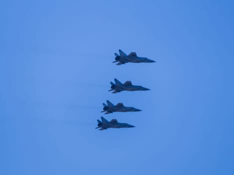 Russia, St. Petersburg - June 24, 2020: Russian Mig-31 fighter demonstrates a demonstration flight at the parade dedicated to the Victory Day in World War II